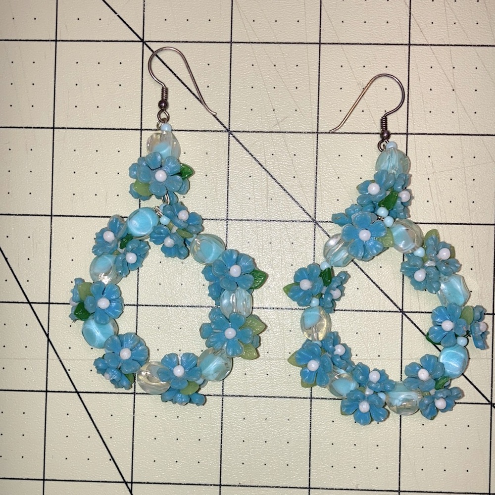 vintage 1960s beaded floral earrings Mrs Roper style - blue and green acrylic